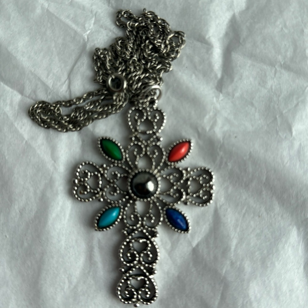 Vintage ornate cross stones pendant necklace crucifix